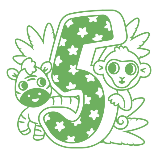 Green number five with a giraffe and a monkey PNG Design