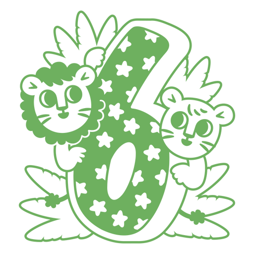 Número seis verde con dos leones y hojas. Diseño PNG