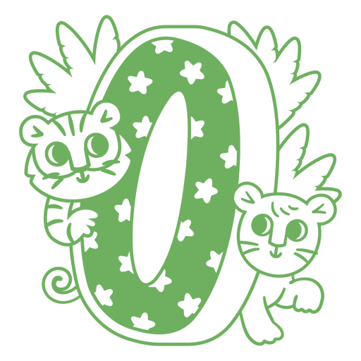 Número 0 verde con dos tigres y estrellas. Diseño PNG