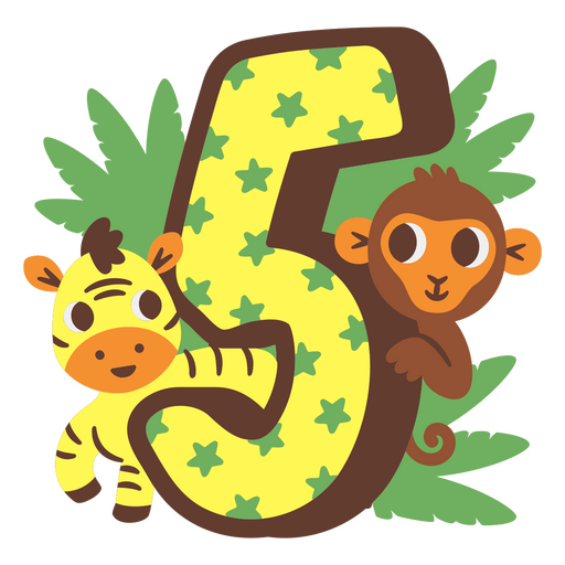 El número cinco con un mono y una cebra. Diseño PNG