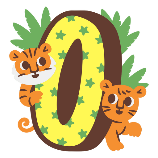 La letra o con dos tigres y hojas. Diseño PNG