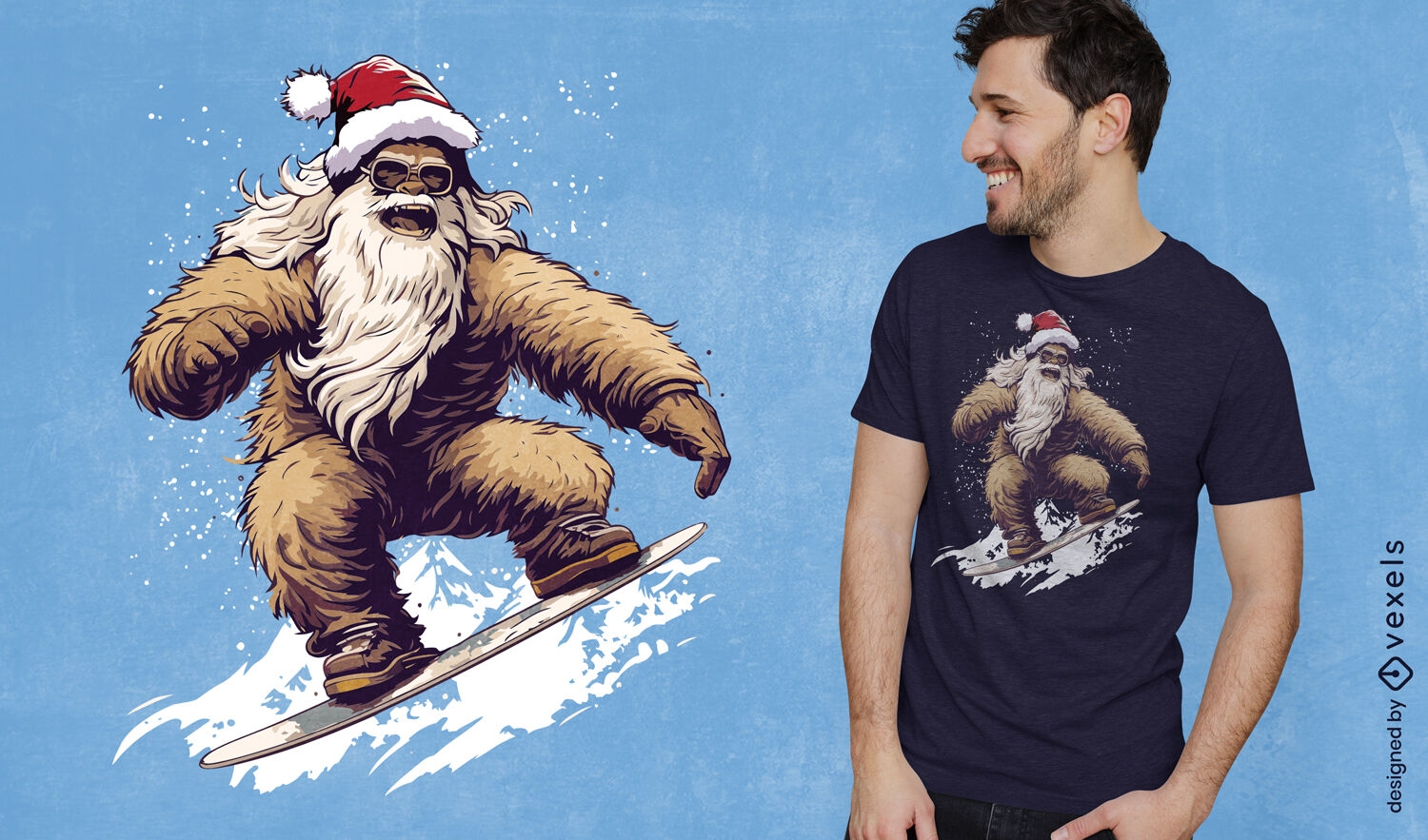 Diseño de camiseta de aventura de snowboard Yeti Santa Claus.
