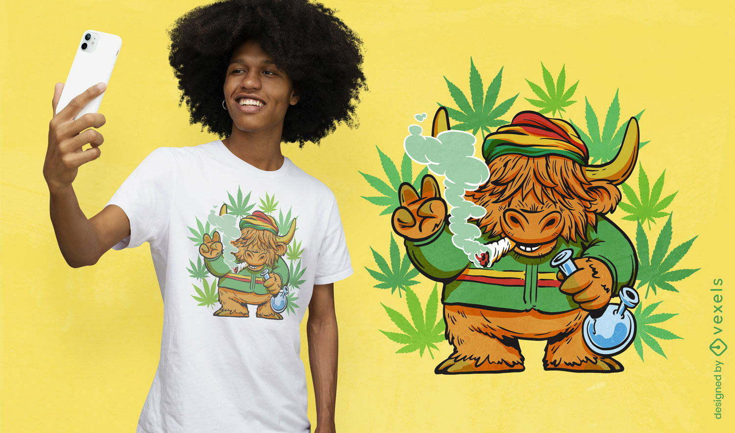 Diseño de camiseta de vaca rastafari.