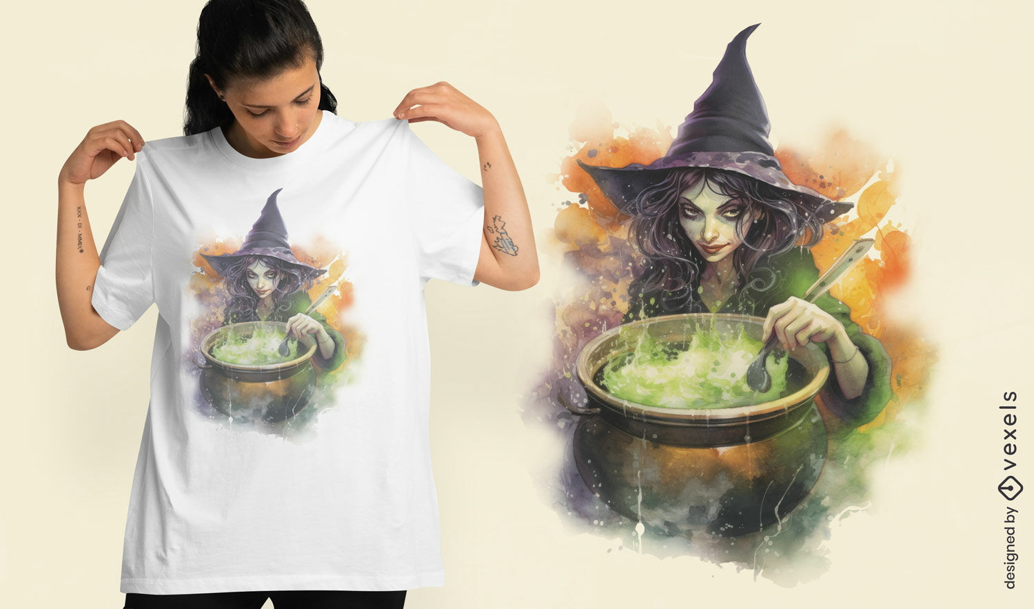 Diseño de camiseta de bruja con una olla de fuego.