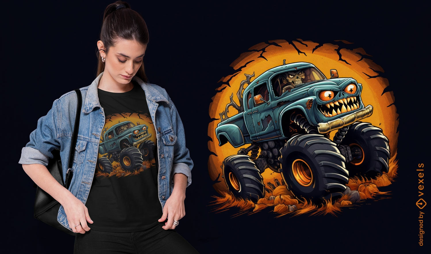 Diseño de camiseta de halloween de monster truck.