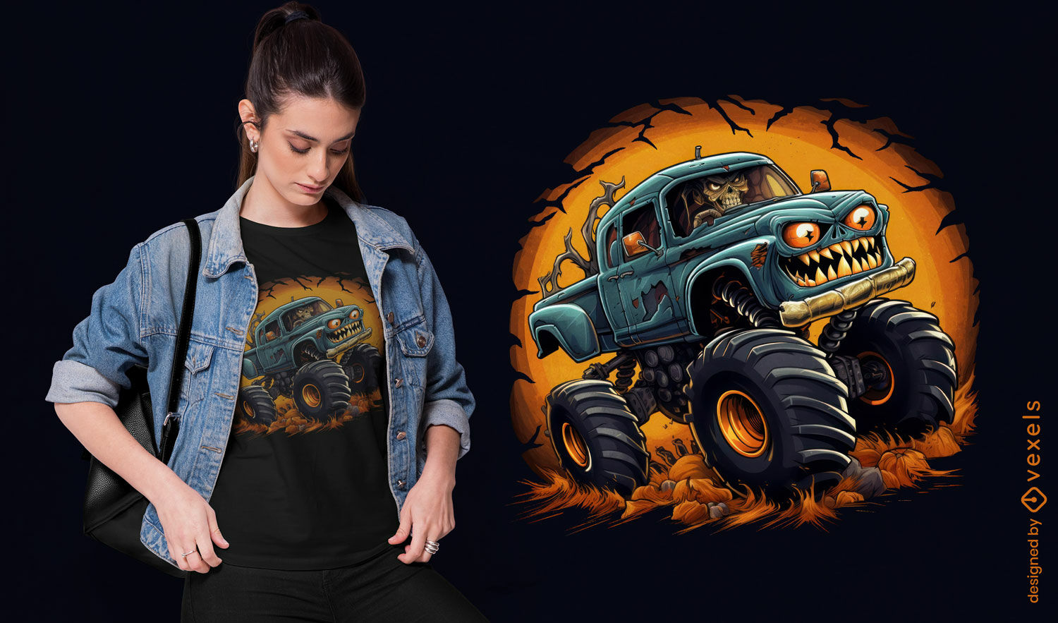 Diseño de camiseta de halloween de monster truck.