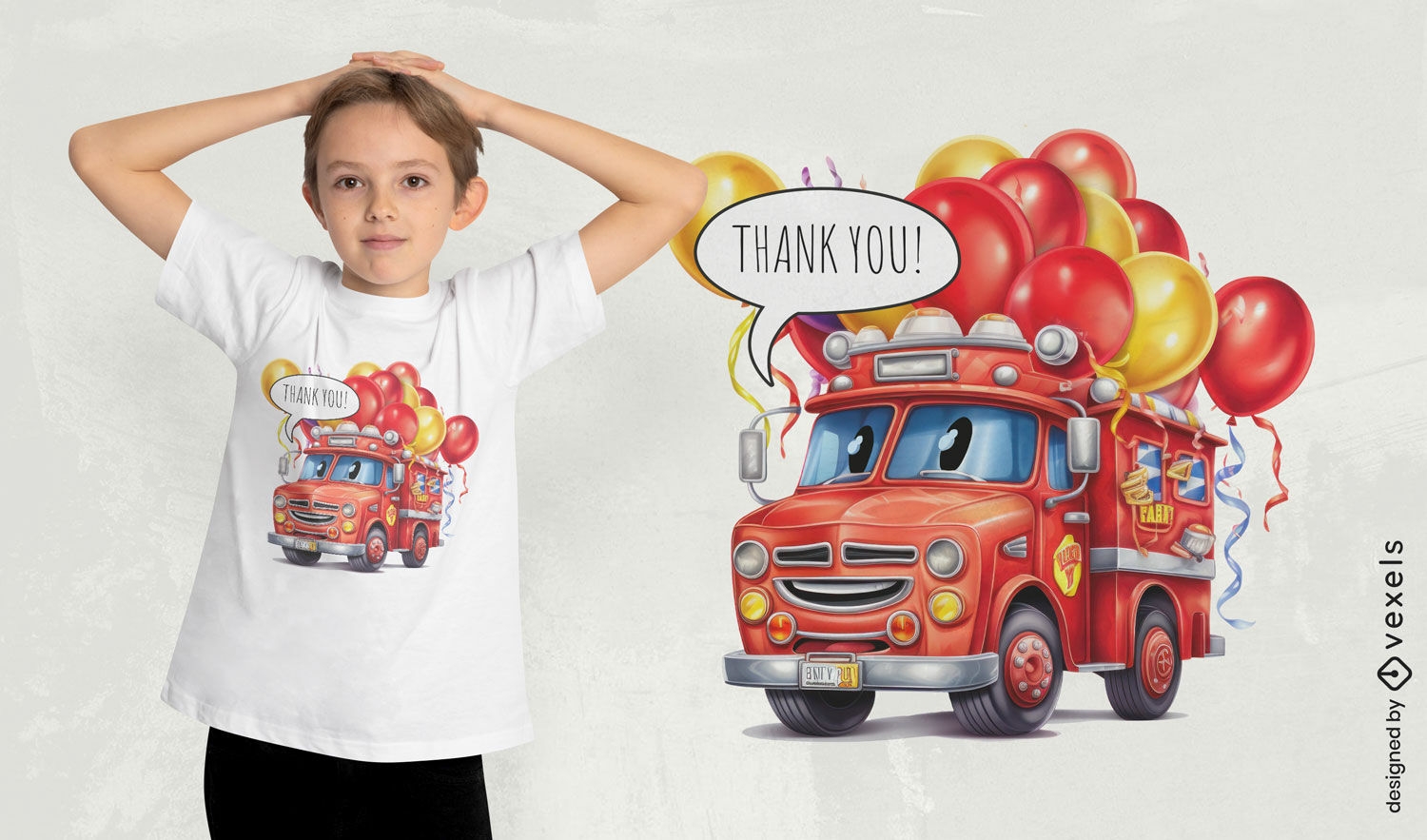 Diseño de camiseta de camión de bomberos y globos.