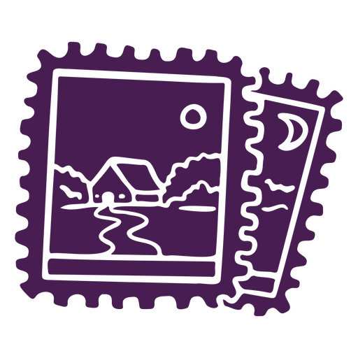 Purple postage stamp with a house on it PNG Design