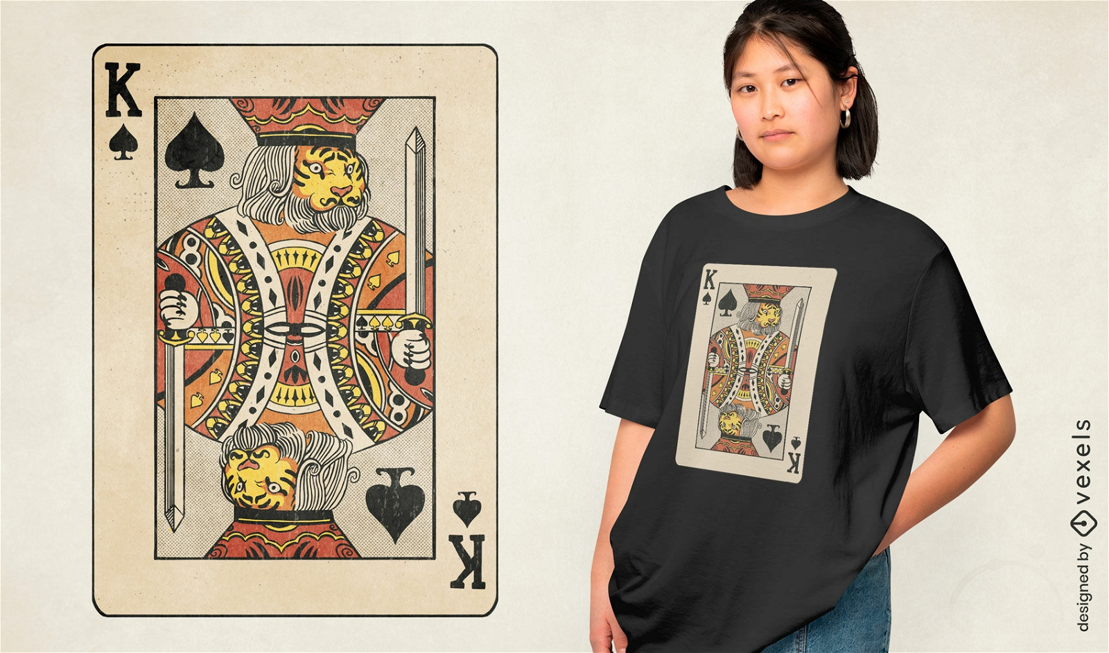 Diseño de camiseta tigre rey de espadas.