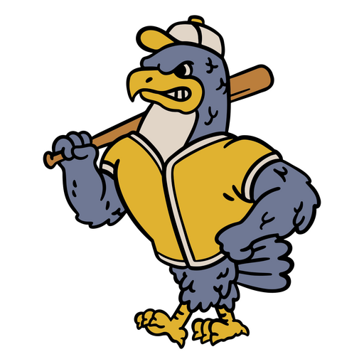 La mascota de un equipo de béisbol sosteniendo un bate. Diseño PNG