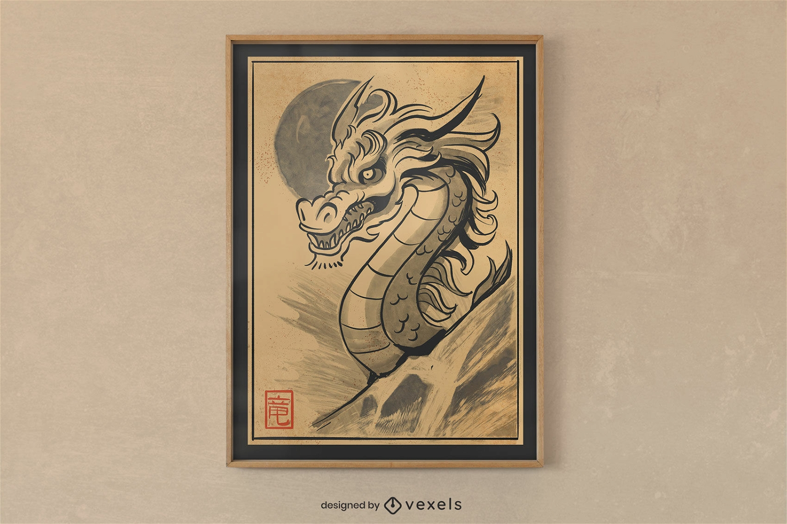 Design de pôster de tinta de dragão japonês