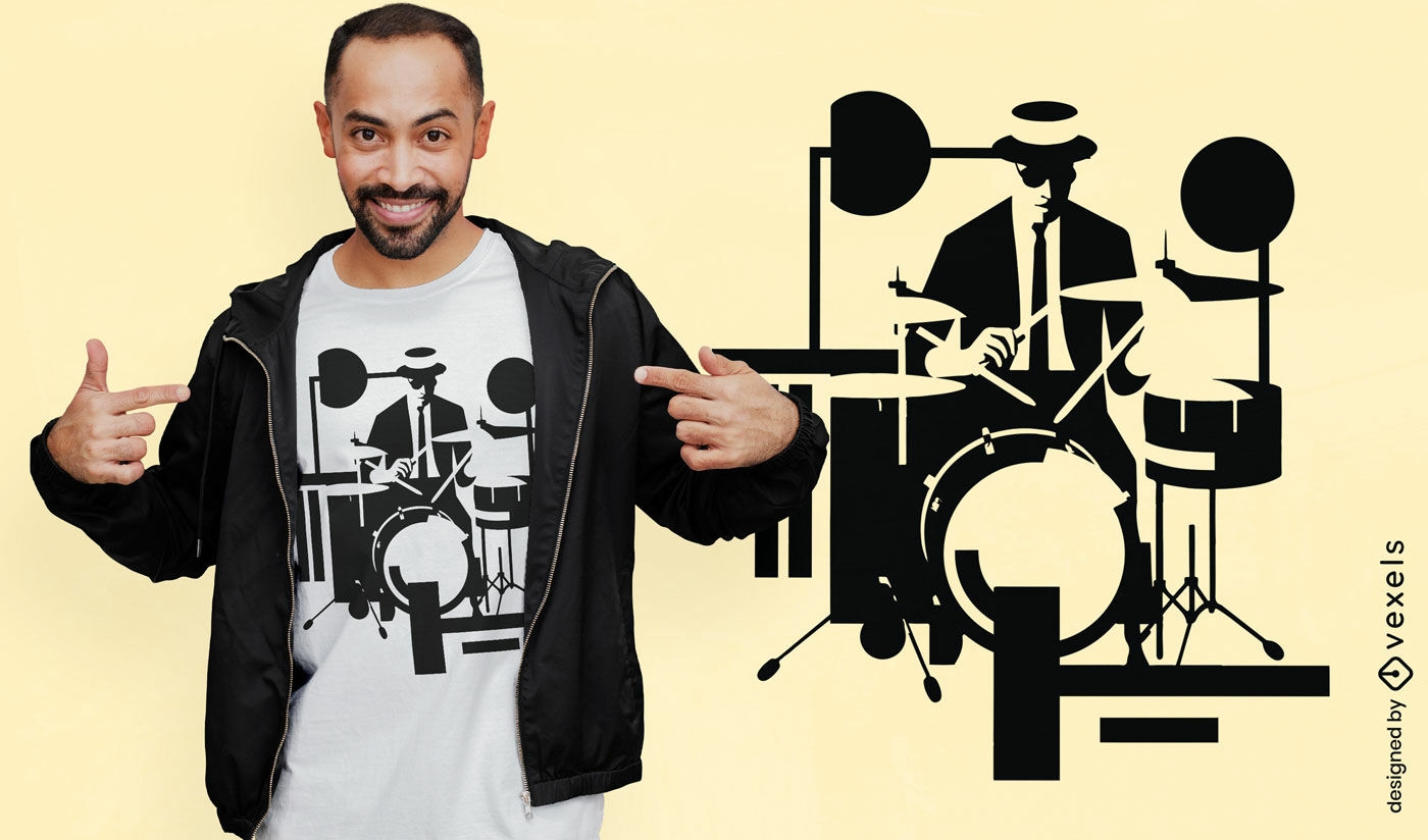Design elegante de camiseta com silhueta de baterista