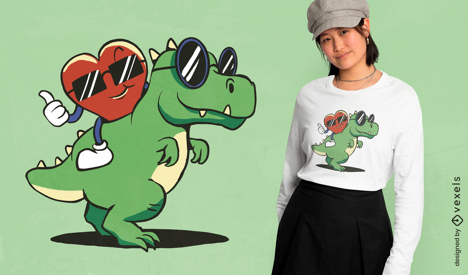 Dinossauro legal e coração com design de camiseta com óculos de sol