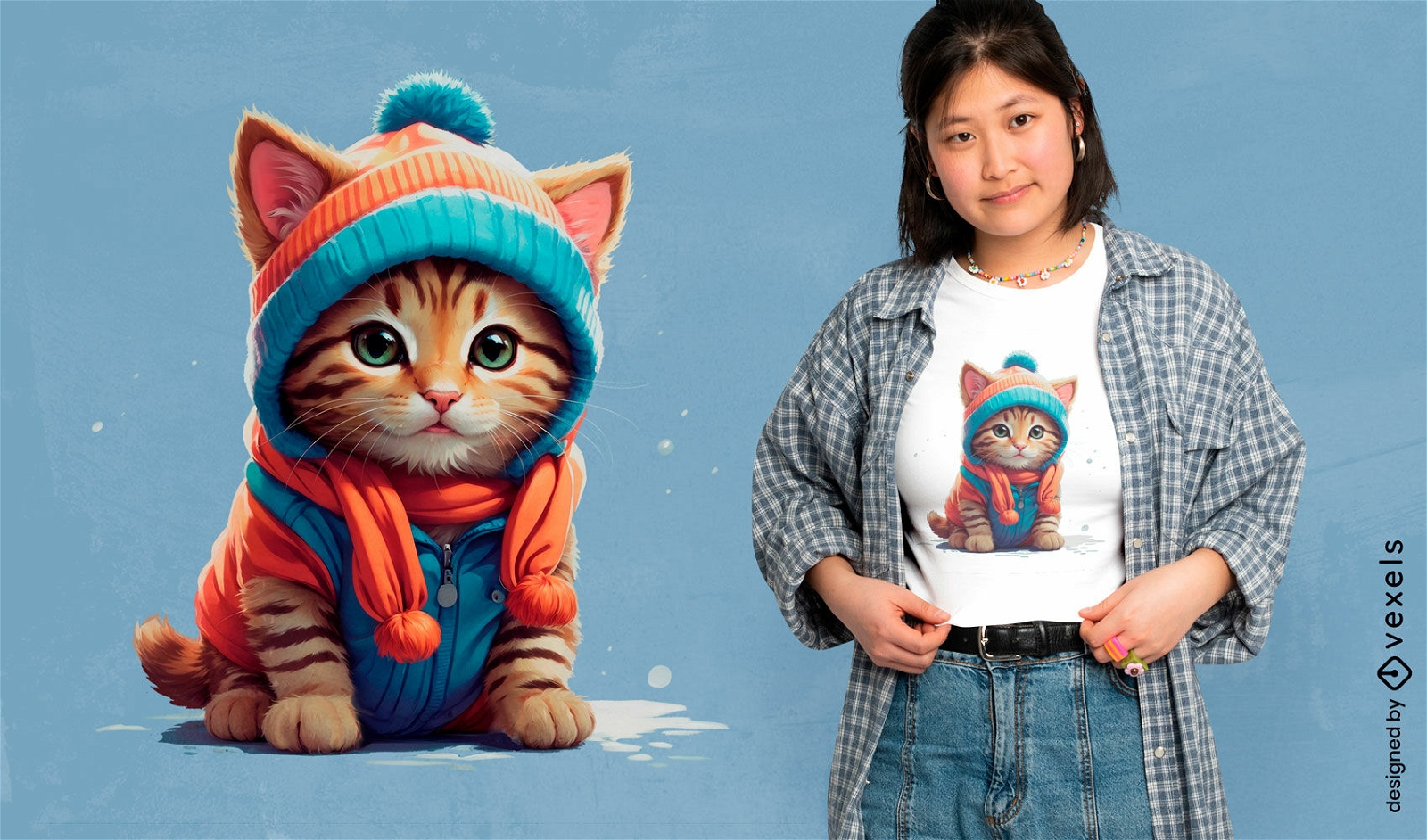 Katze im T-Shirt-Design mit Pullover und Mütze