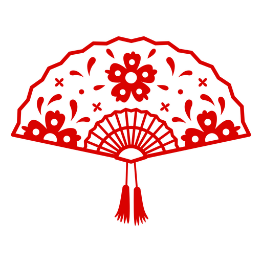 Abanico chino con flores rojas. Diseño PNG