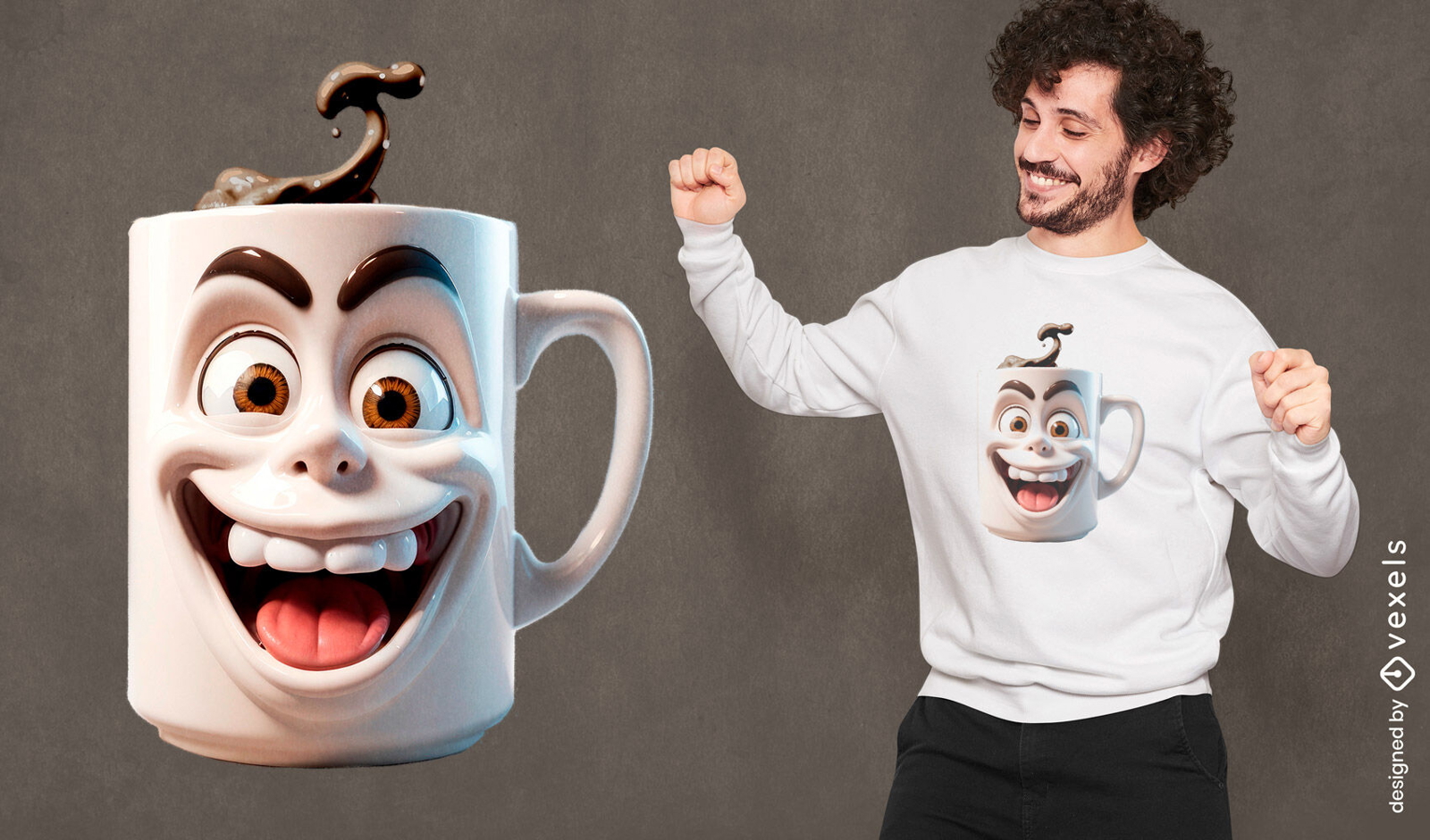 Diseño de camiseta de personaje de taza de café loco.