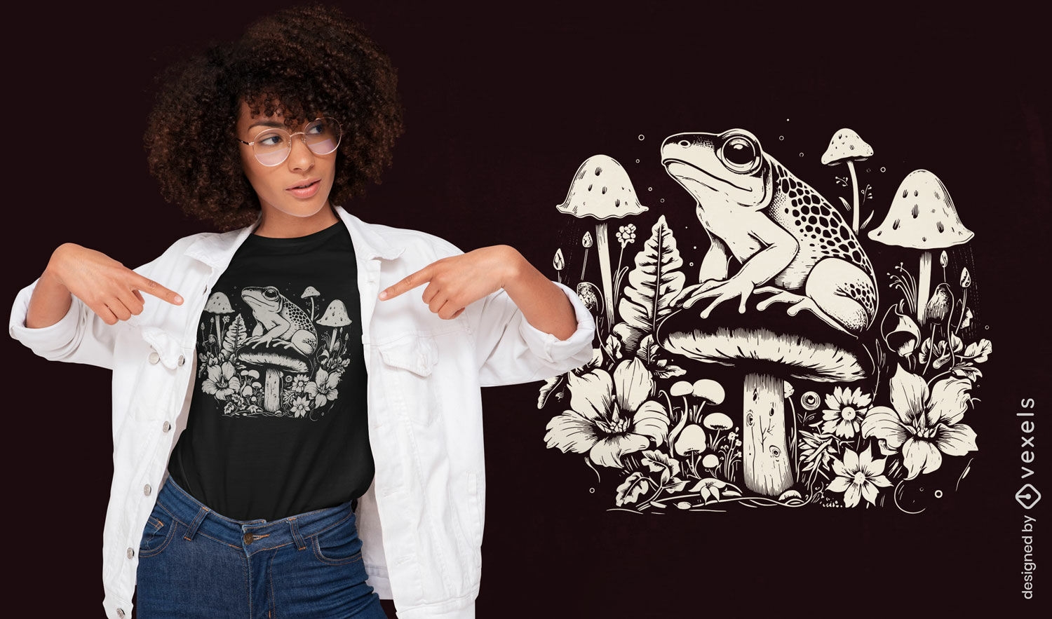 Design místico de camiseta com sapo e cogumelos