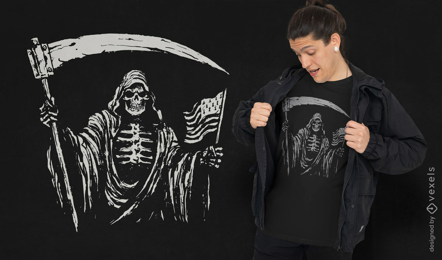 Diseño de camiseta con bandera de Estados Unidos de Grim Reaper.