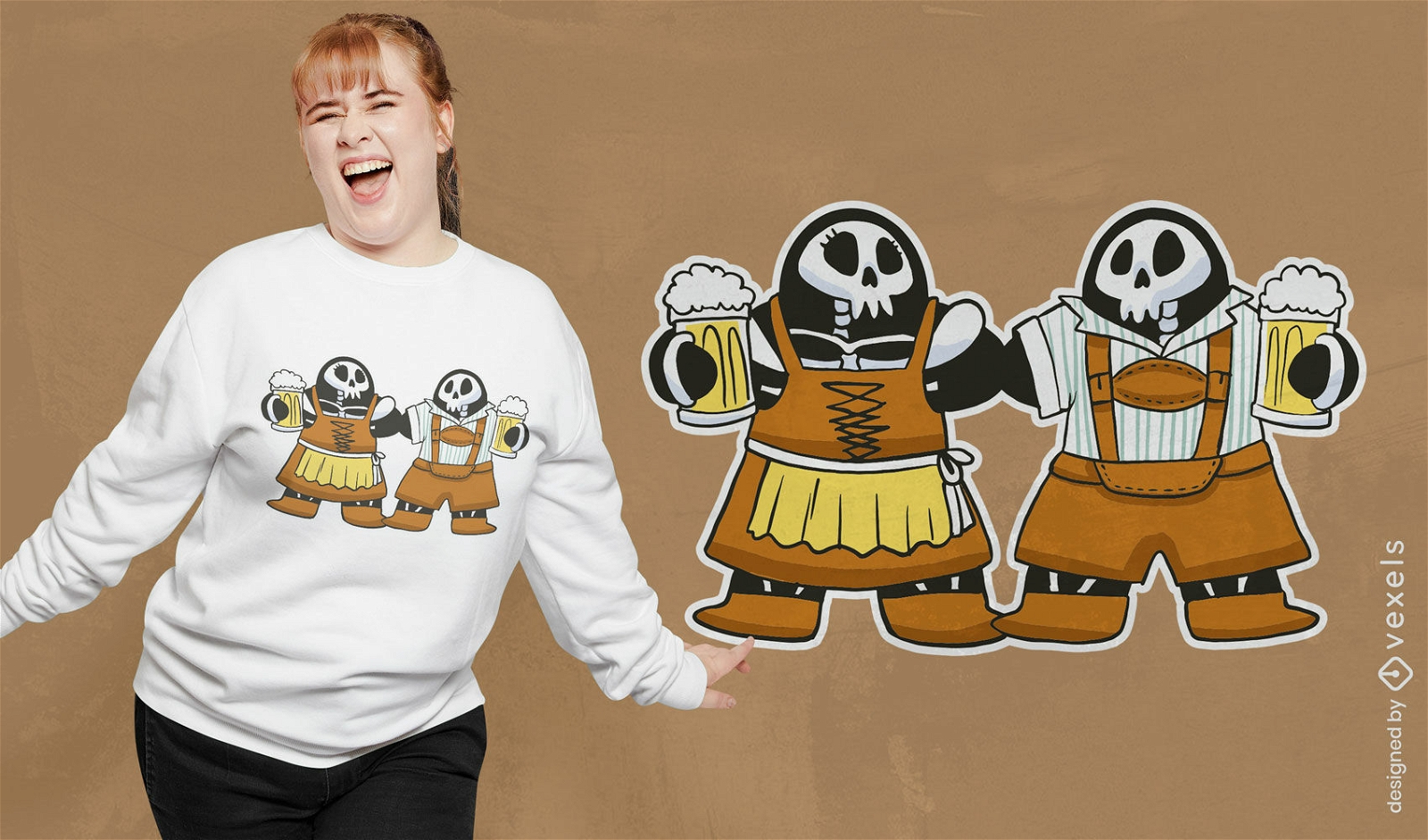 Design festivo de camisetas com esqueletos de meeples da Oktoberfest