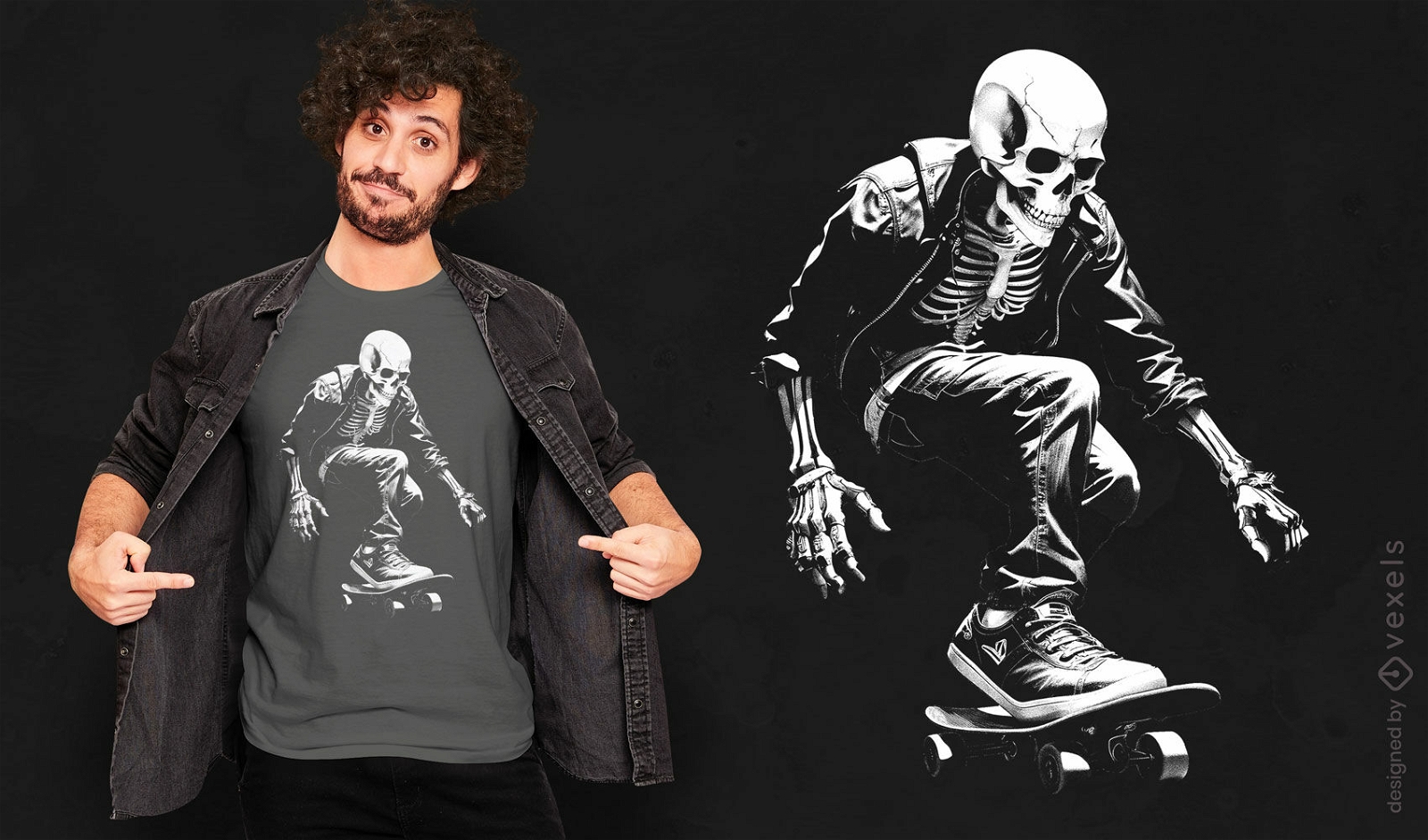 Diseño de camiseta genial de skater esqueleto.