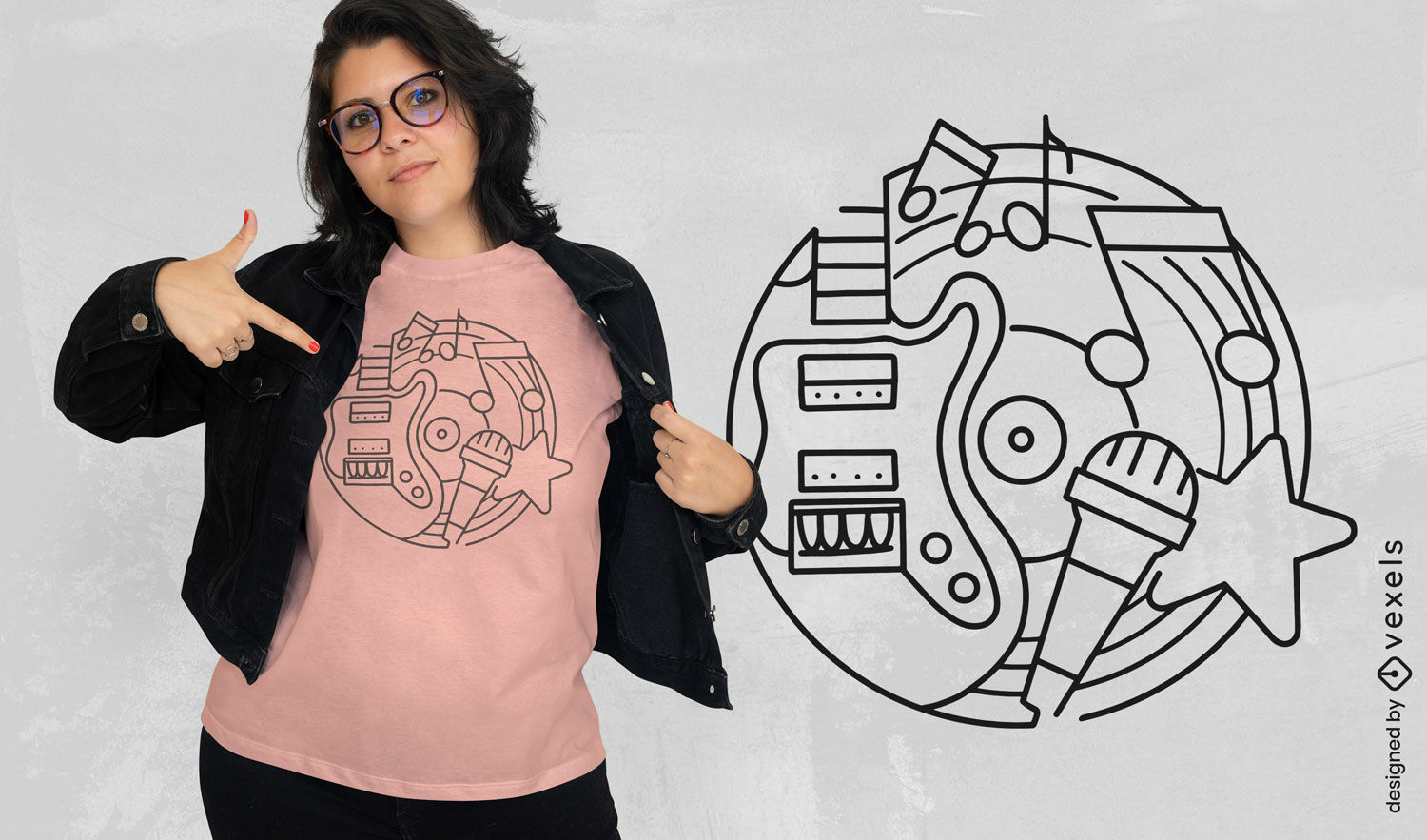 Diseño de camiseta con múltiples elementos musicales.