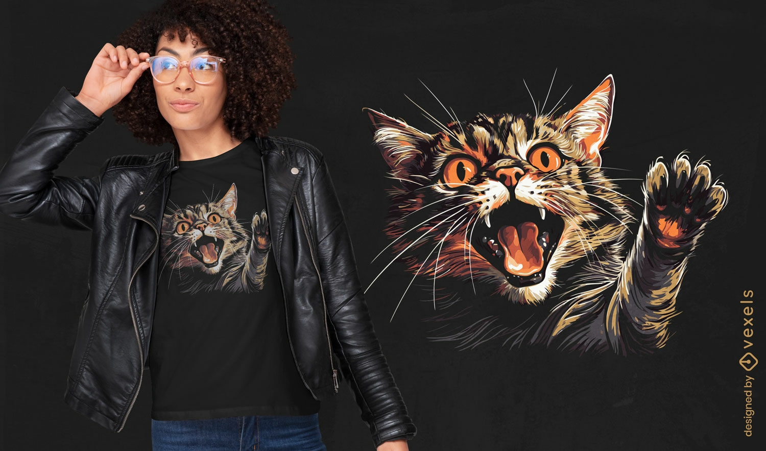 Diseño de camiseta con ilustración de gatito enojado.