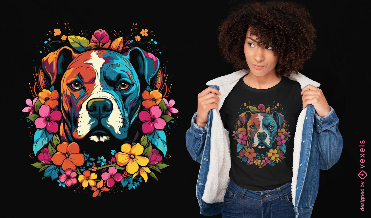 Diseño de camiseta floral de perro boxer.