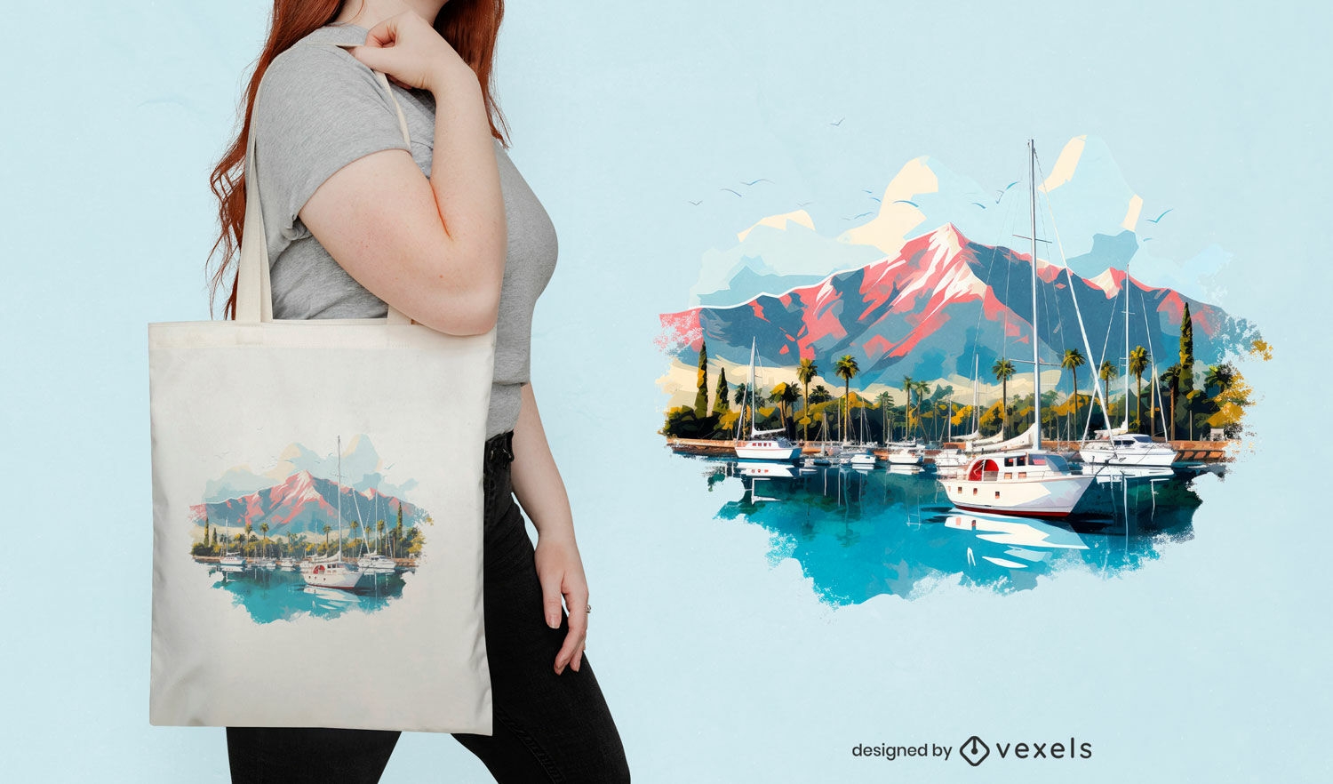 Diseño de bolso tote con paisaje de puerto y barco.