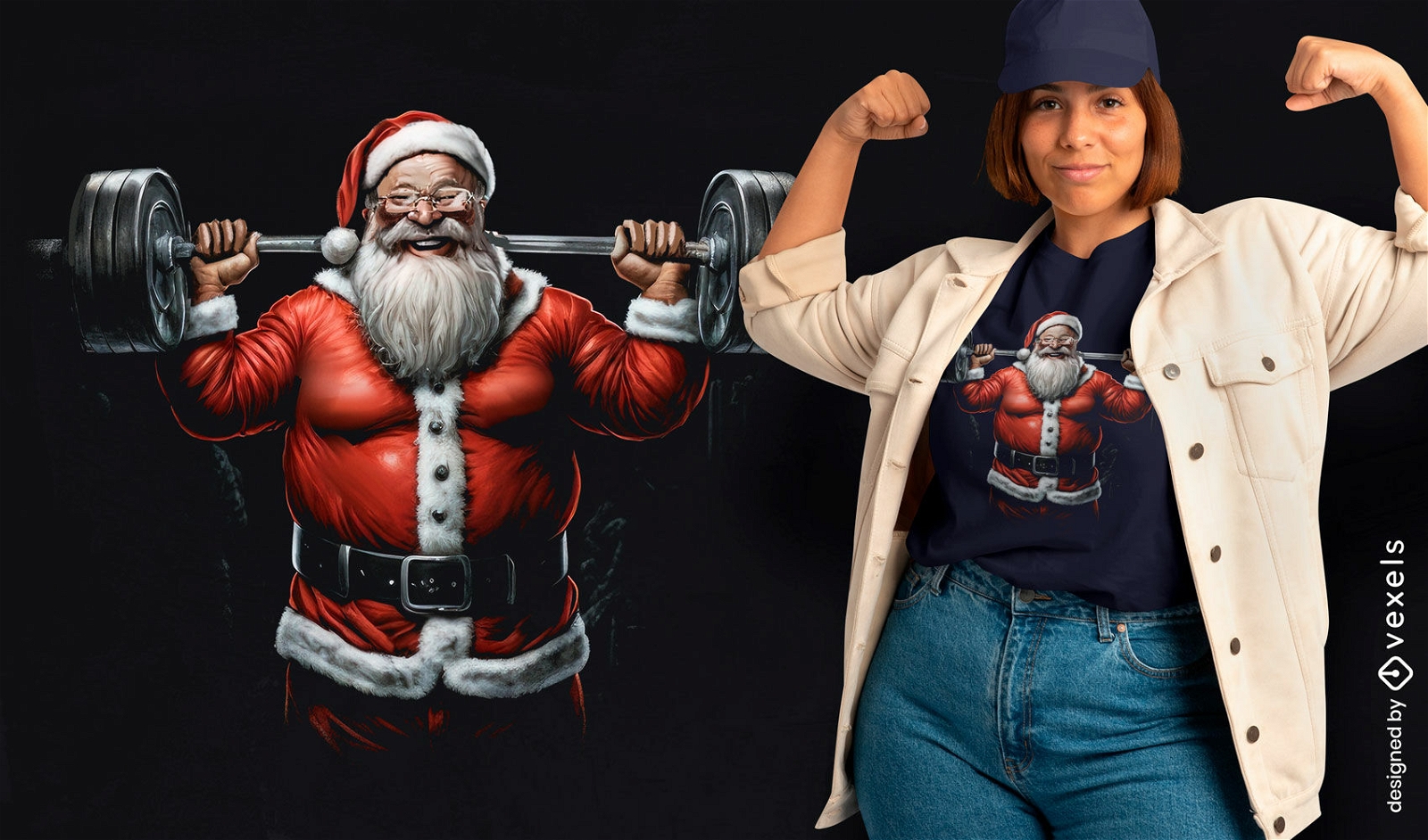 Diseño de camiseta de Papá Noel levantando pesas.