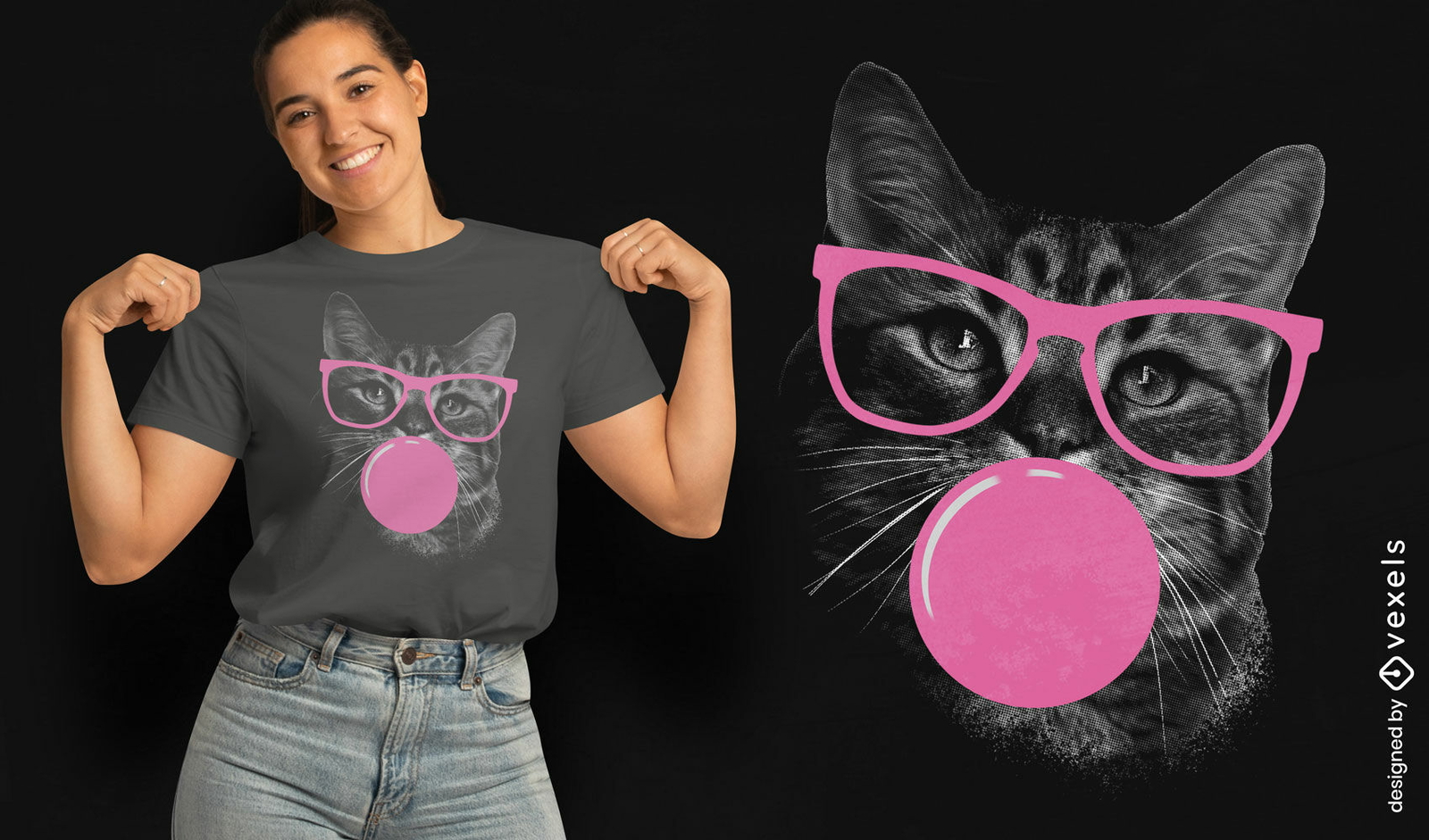 Diseño de camiseta de gato con gafas y chicle.