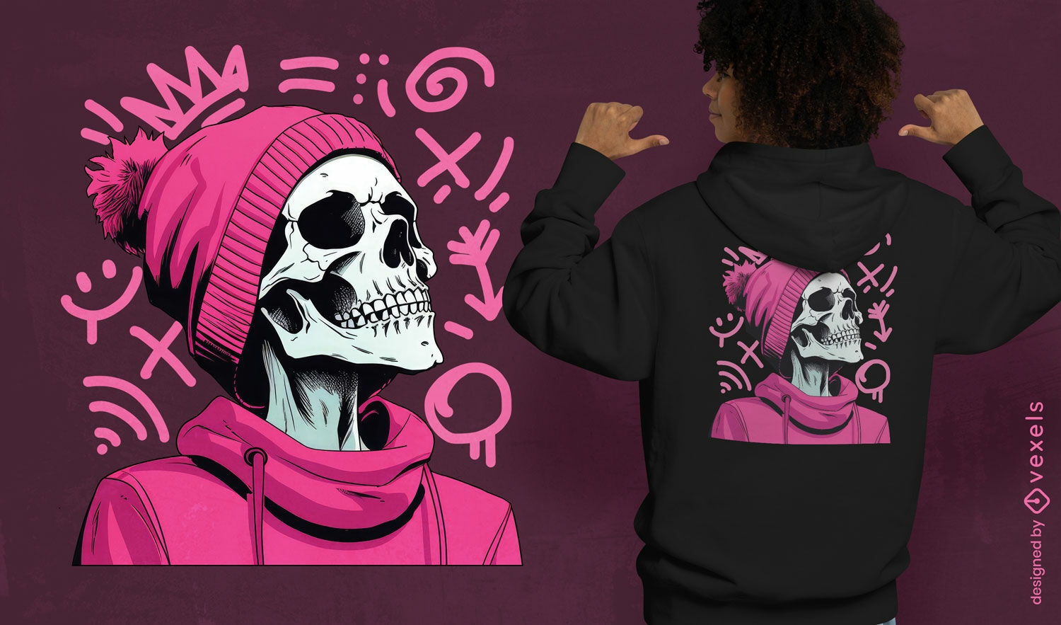 Esqueleto con dise?o de camiseta con capucha rosa.