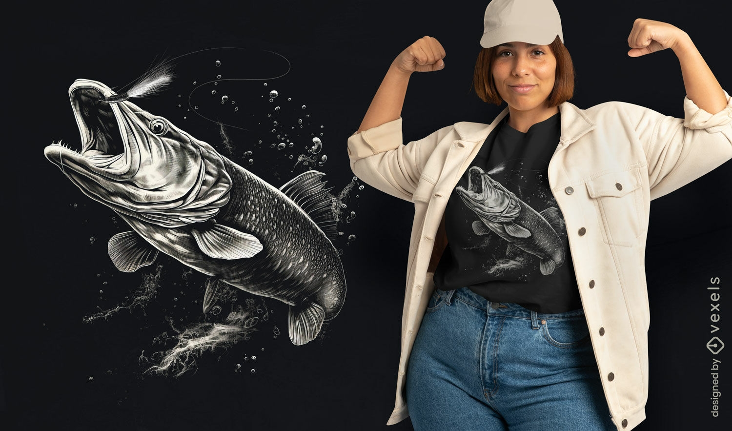 Design dinâmico de camiseta com peixe lúcio