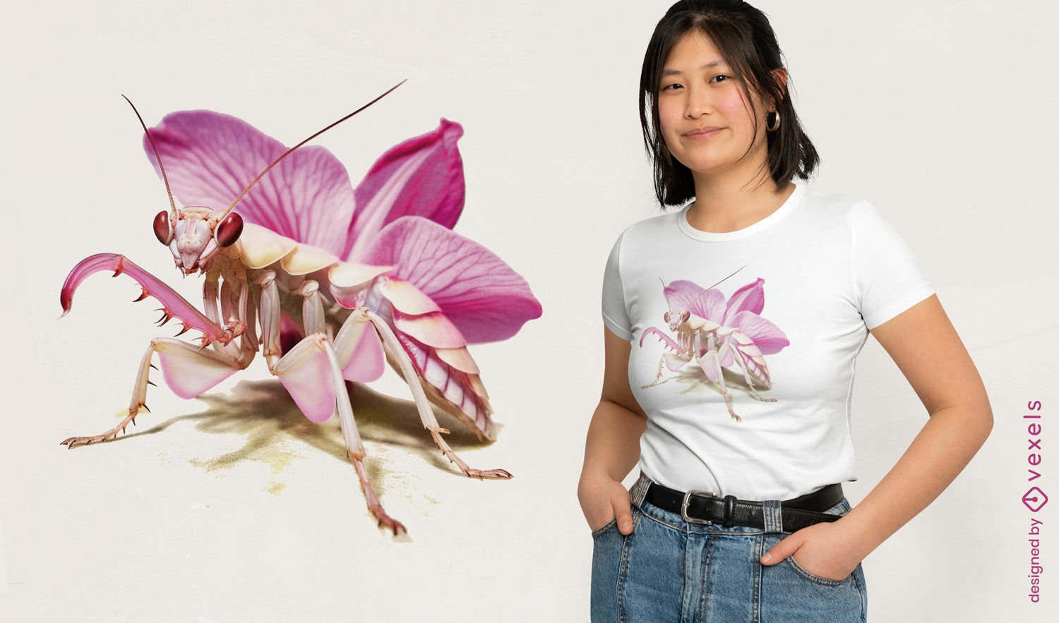 Design de camiseta louva-a-deus orquídea