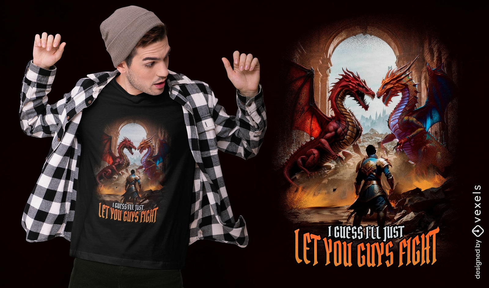 Diseño de camiseta de batalla de dragones épicos.
