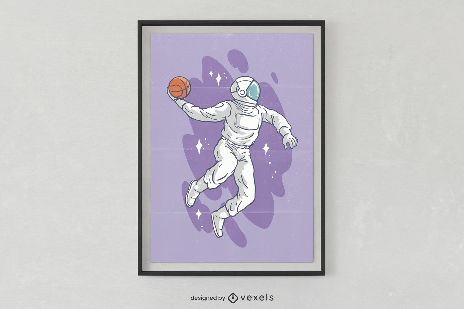 P?ster com um astronauta jogando basquete