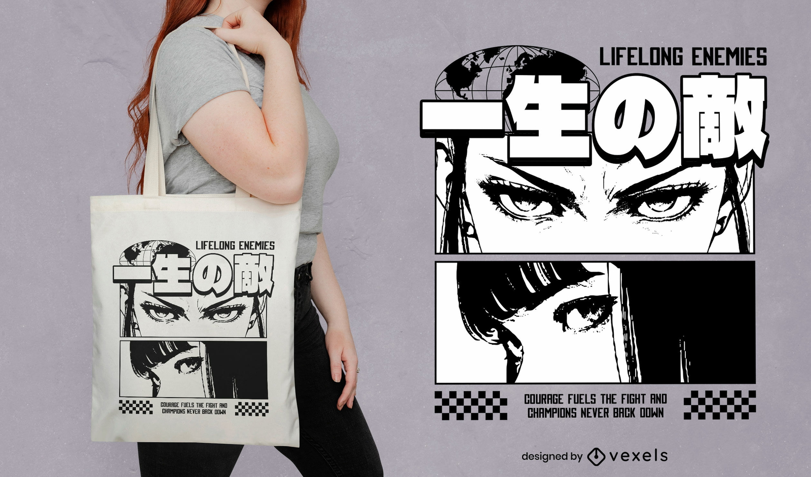 Diseño de bolso tote manga enemigos de toda la vida.