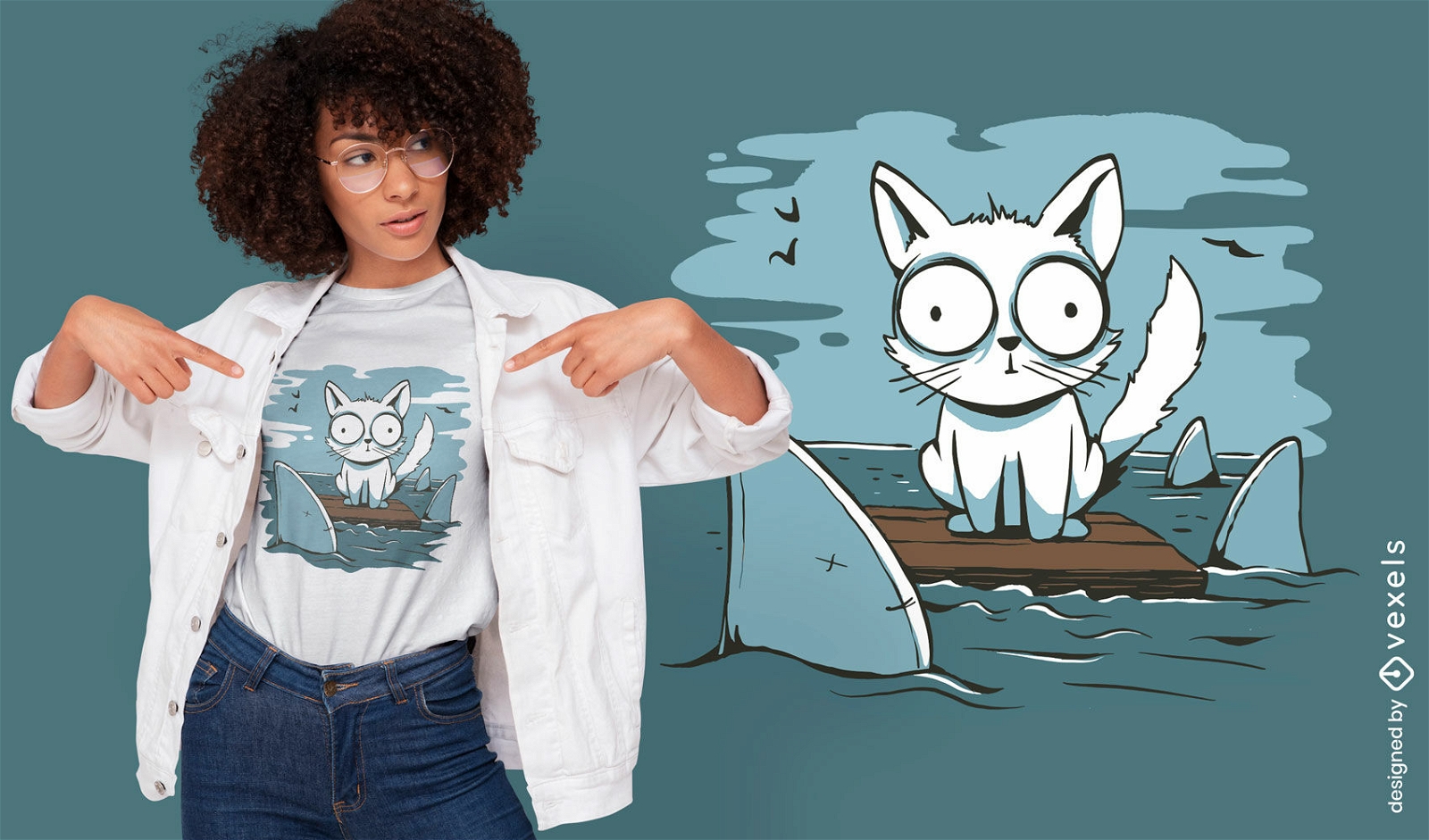 Design de camiseta de gato cercado por tubarões