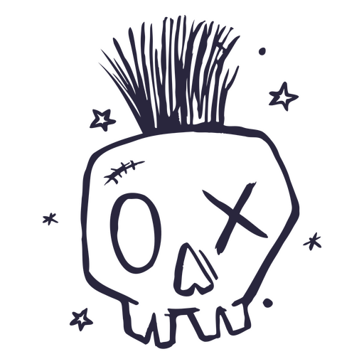 Schwarz-weiße Zeichnung eines Totenkopfes mit Irokesenschnitt PNG-Design
