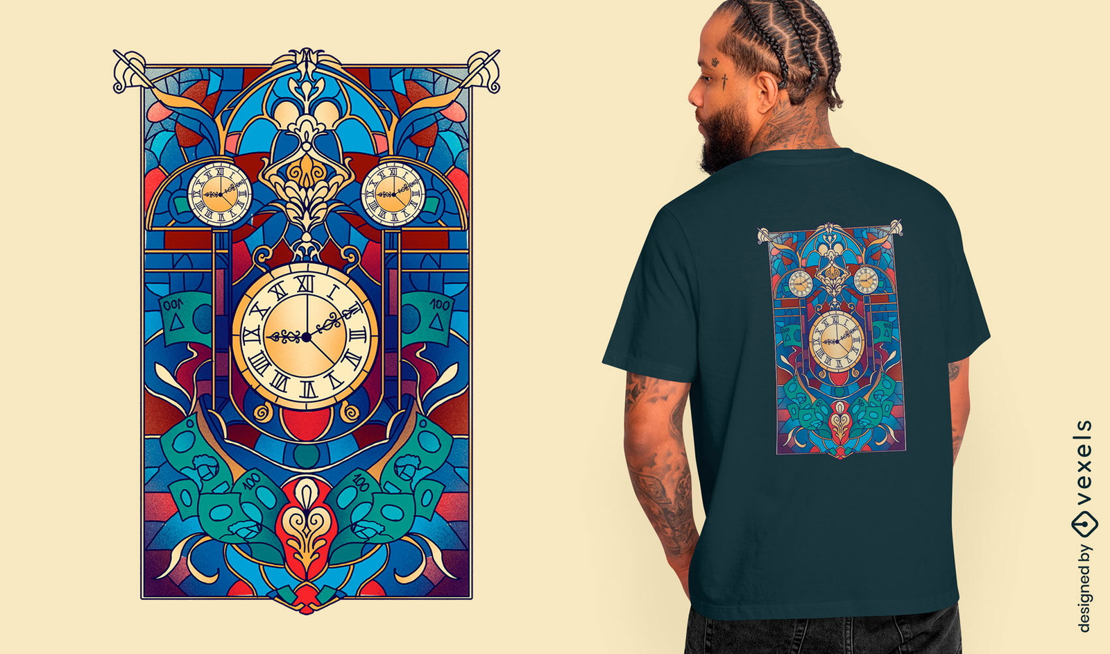 Design artístico de camiseta com relógio com vitral