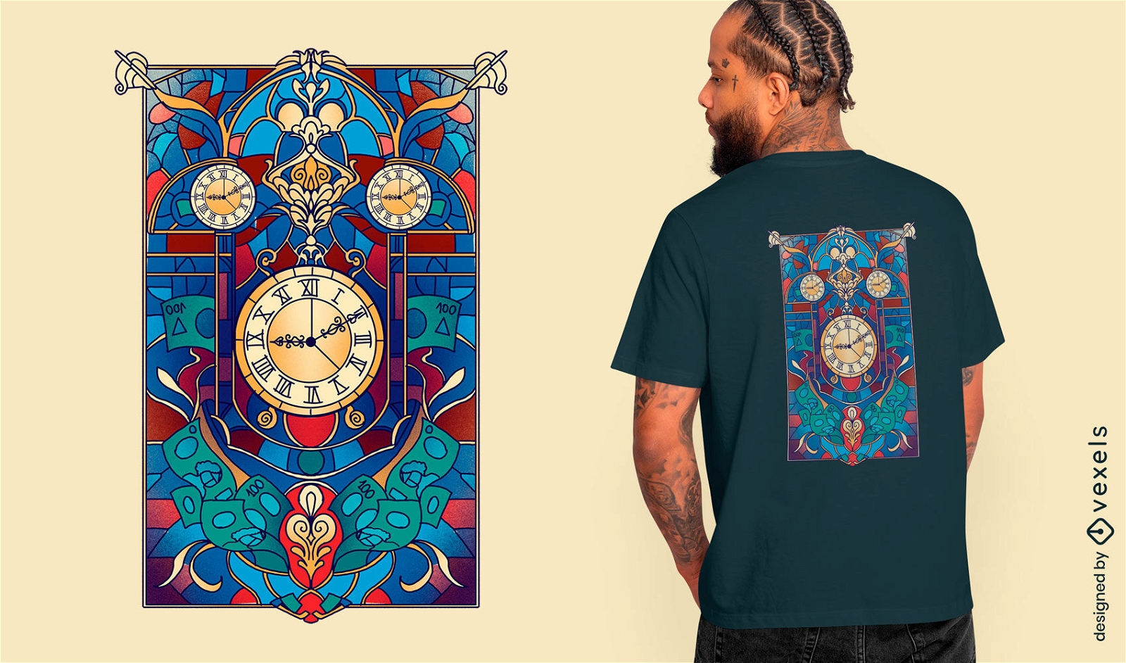 Diseño de camiseta de reloj artístico con vidrieras.
