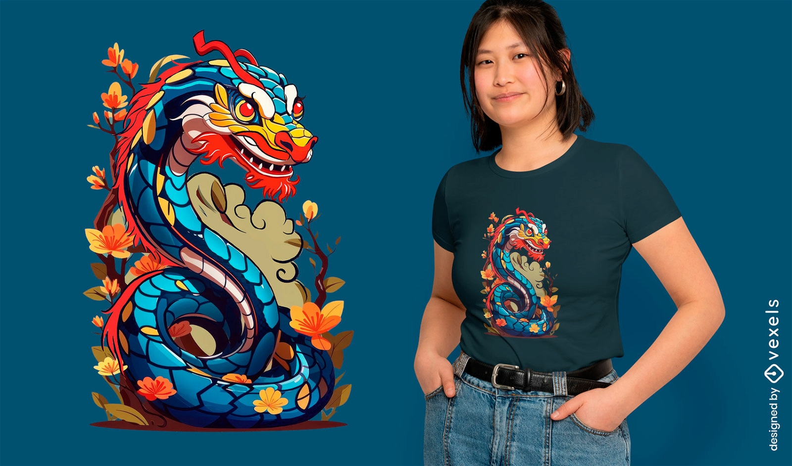 Colorido diseño de camiseta de serpiente japonesa.