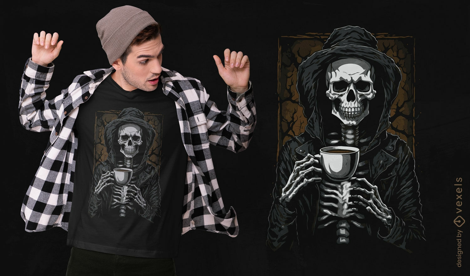 Diseño de camiseta de esqueleto de café espeluznante.