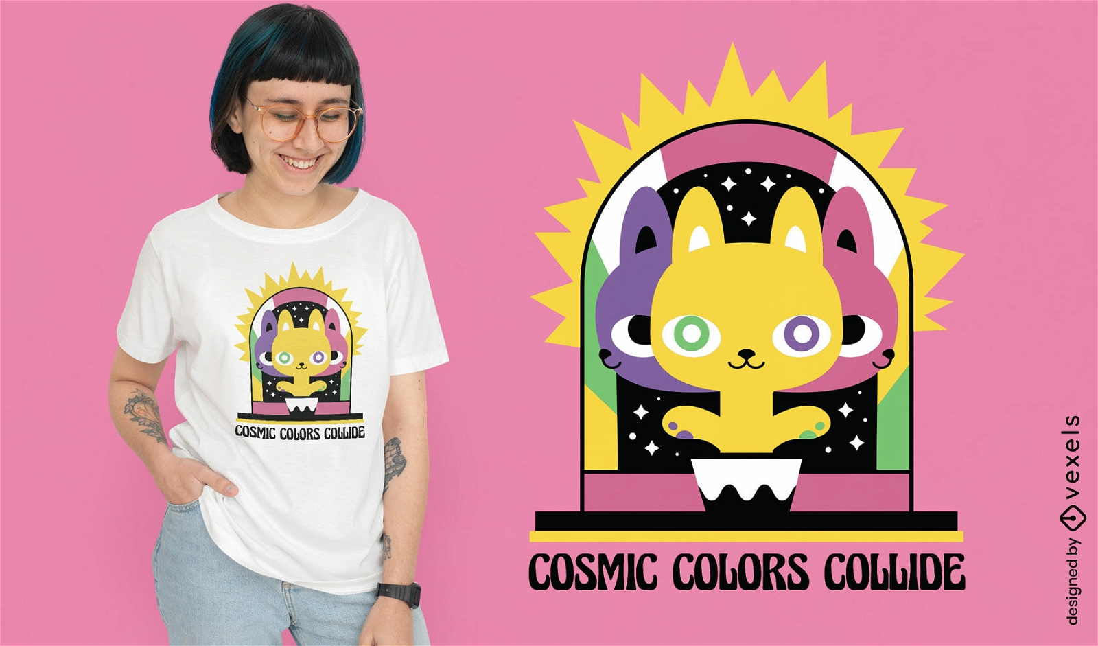Diseño de camiseta de conejitos trippy cósmicos.