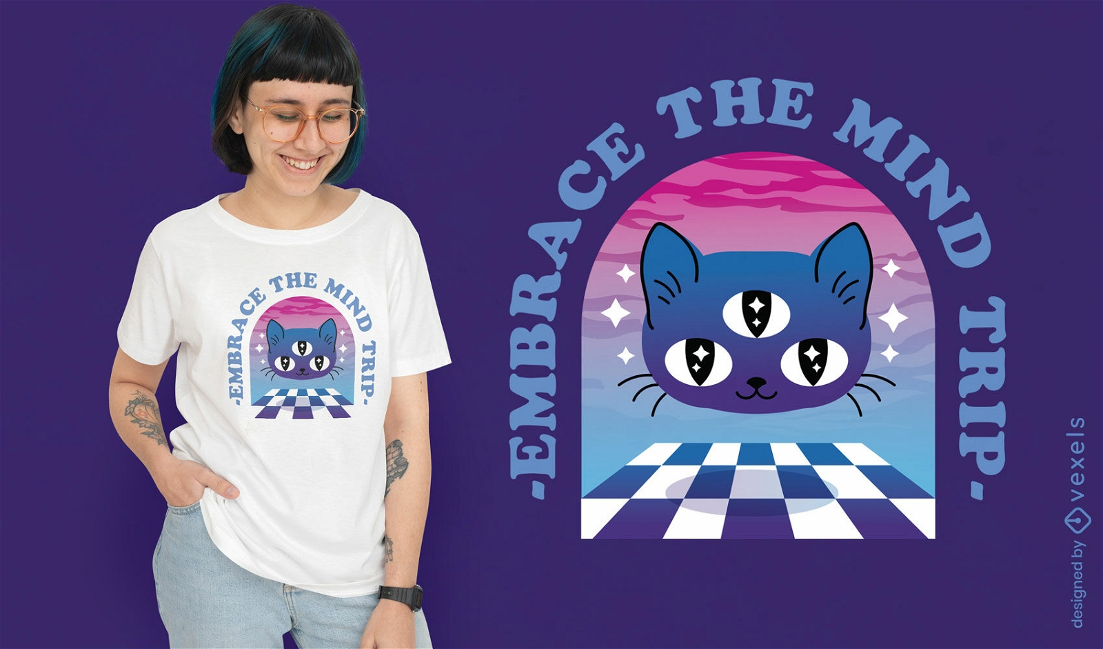 Design de camiseta para gato com viagem mental