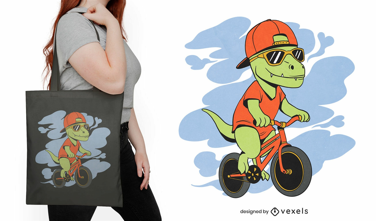 Diseño de bolso tote para niños con bicicleta de dinosaurio.