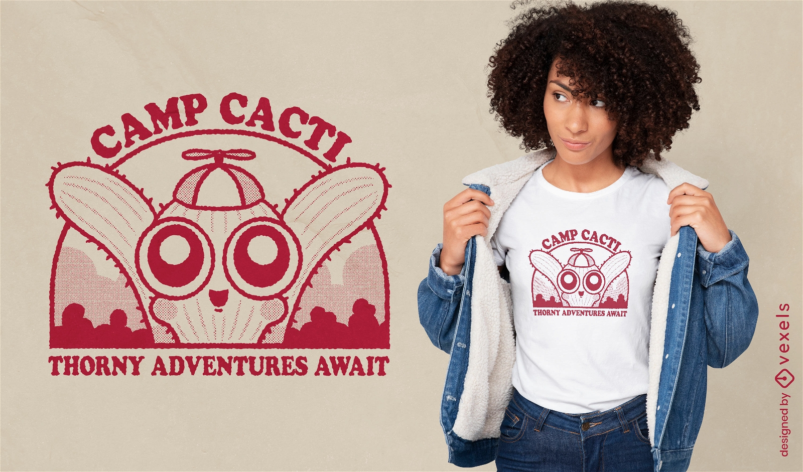 Design aventureiro de camiseta para acampamento de cactos