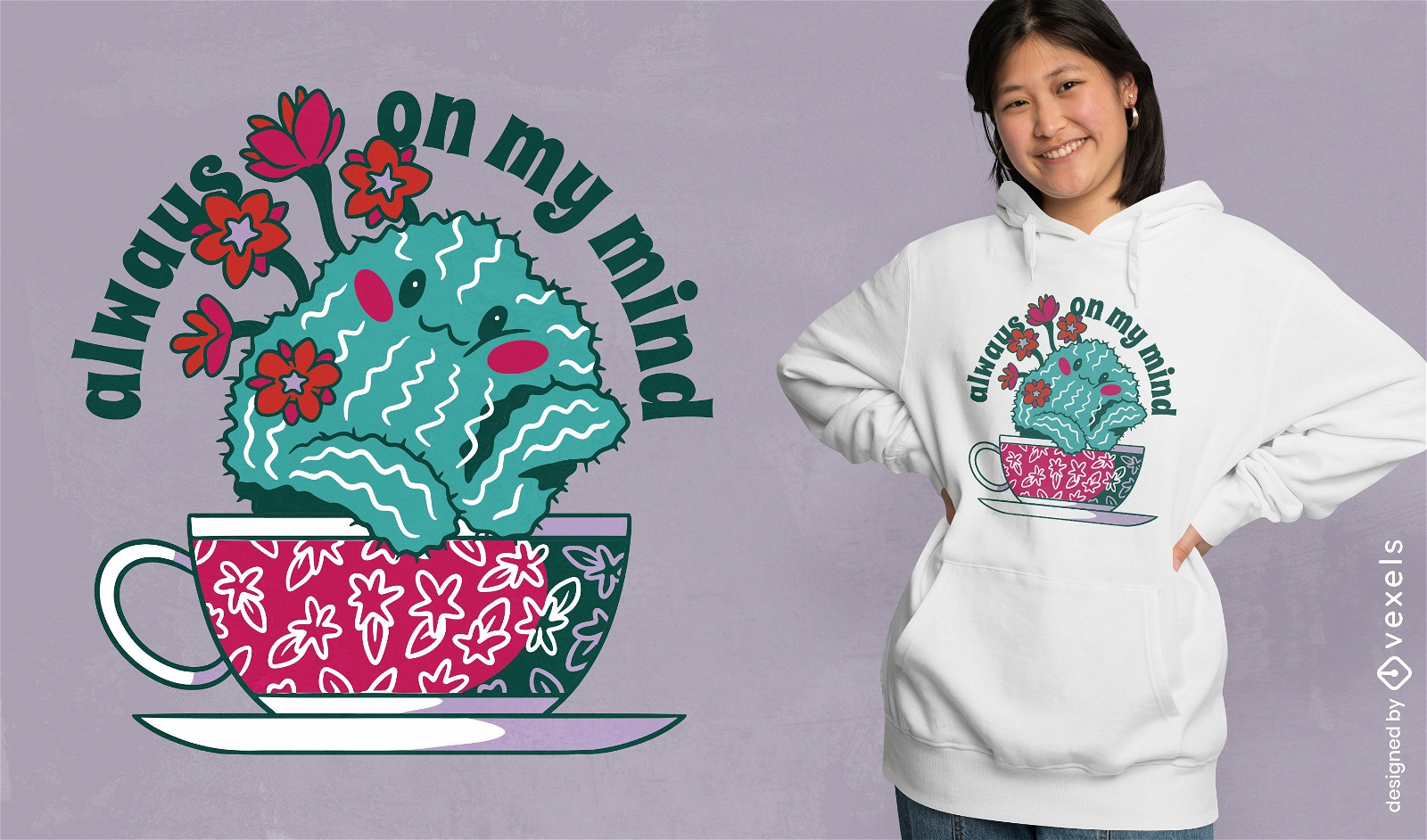 Pensativo diseño de camiseta de taza de té de cactus.
