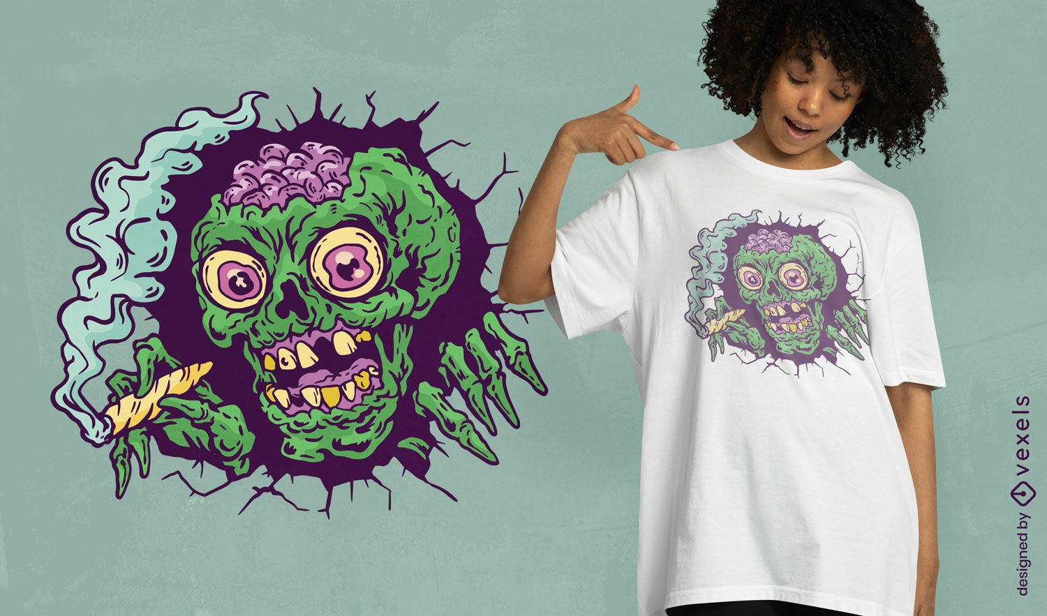 Dise?o de camiseta fusionando cabeza de zombie.