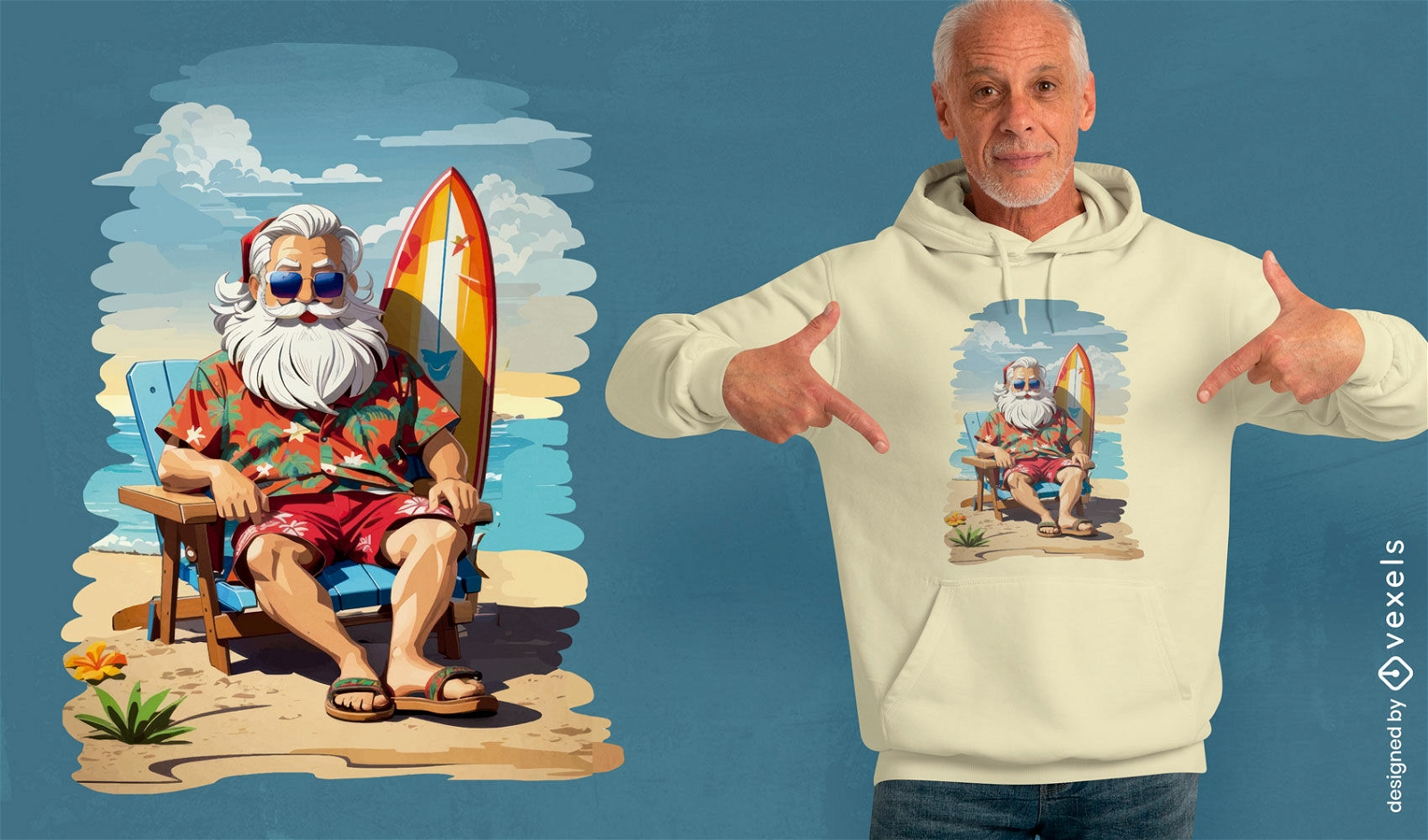 Design de camiseta do Papai Noel em férias na praia