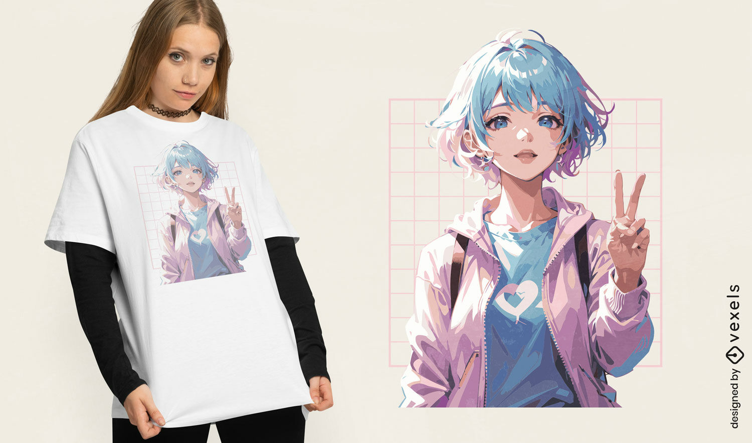 Diseño de camiseta con signo de la paz de chica anime.